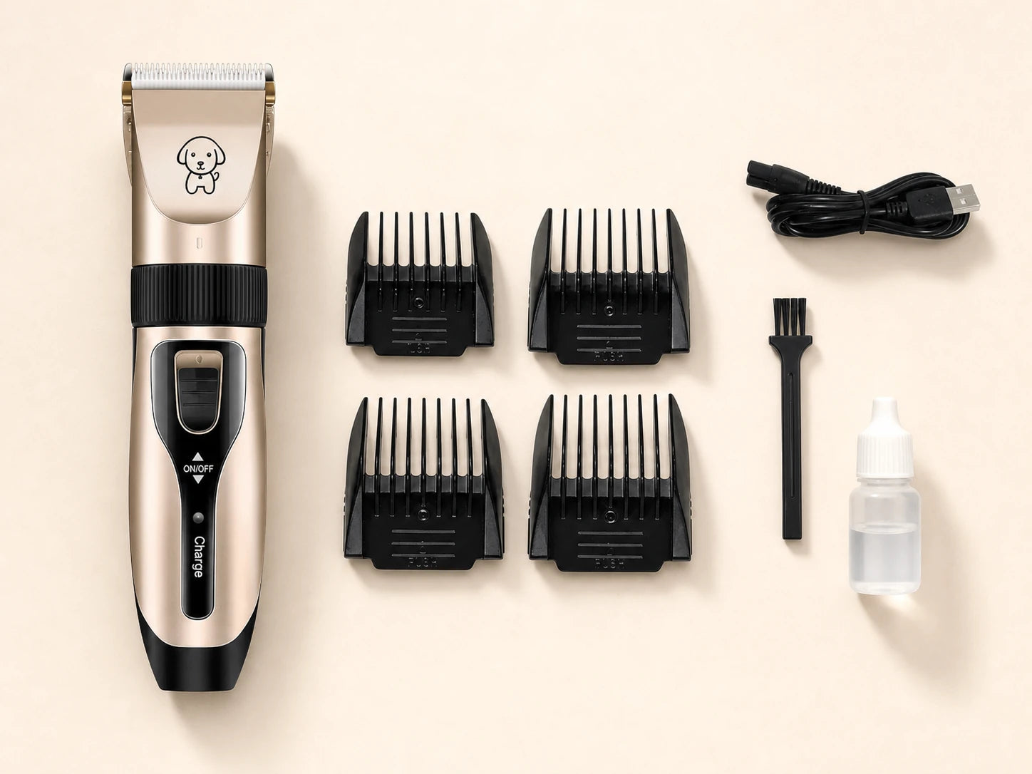 Kit de máquina para mascotas con cuatro peines guía, cable, cepillo y aceite