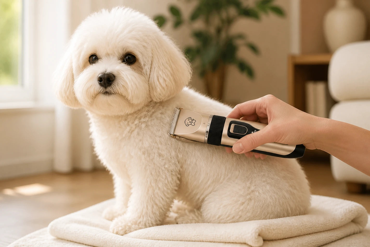 Persona pasando la máquina inalámbrica por el pelaje de un perro relajado